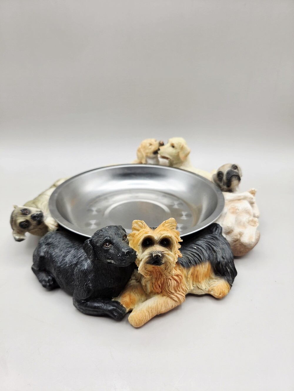 Dog Bowl Holder with 6 Different Dogs & Stainless Steel Dish in Center